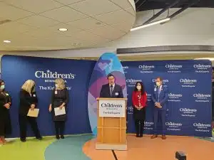 Dr. Ryan Williams is speaking at the grand opening of the Children's Minnesota mental health unit. 